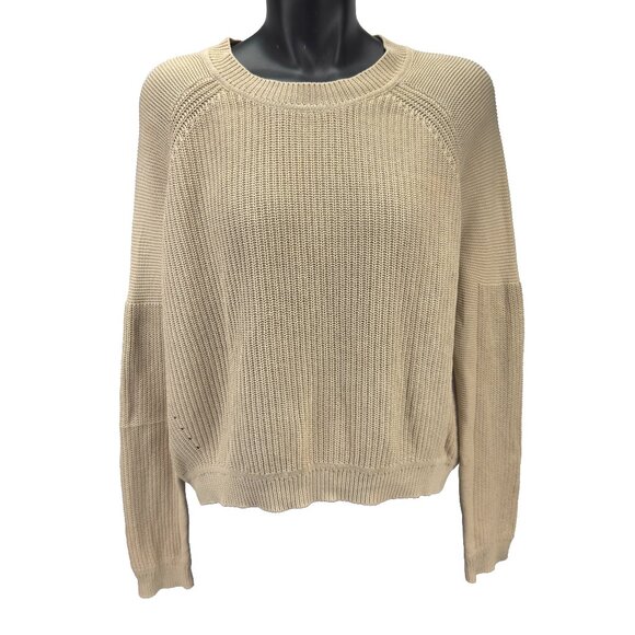 VINCE Cafe Latte Beige Kintted Open Knit Fall Minimalist Crew Neck Sweater sz M - Picture 1 of 7